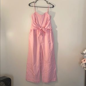 Seersucker tie front jumpsuit pink and white